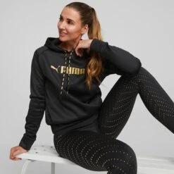 Puma Women's Power Fleece Training Hoodie Black / Metallic Gold -Under Armour Store 522184 51 mod01