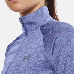Under Armour Women's Tech™ Half Zip Twist Chestnut Baja Blue / White / Metallic Silver -Under Armour Store v5 1320128 495 collar